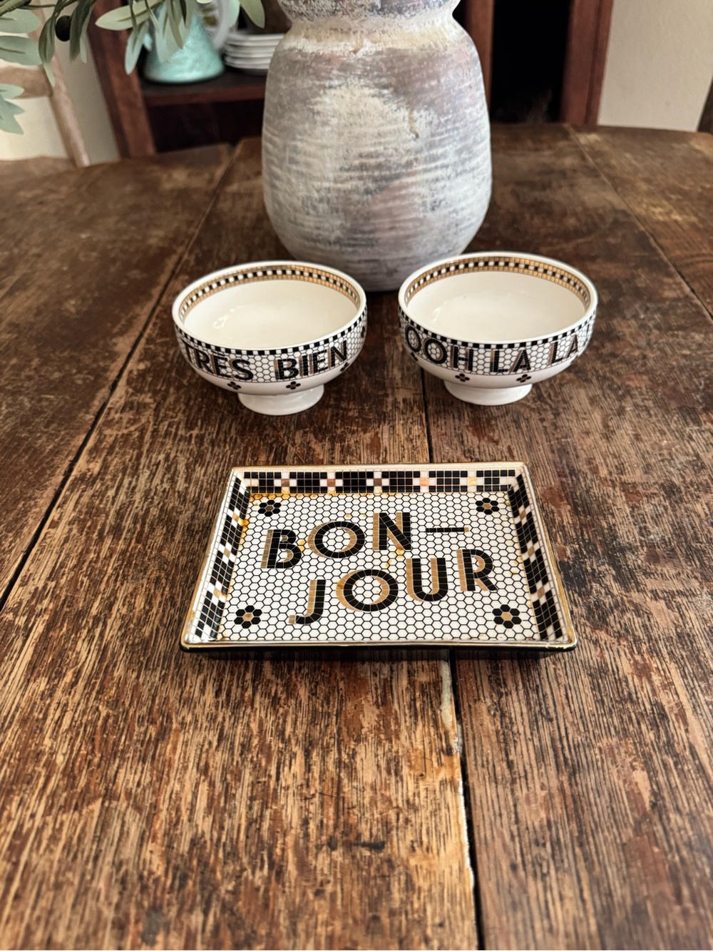 Anthropologie Bonjour Mosaic Trinket Tray and Accent Bowls - Black, White & Gold